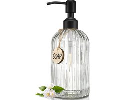 JASAI Transparante 18oz glazen zeepdispenser met zwarte roestbestendige roestvrijstalen pomp, navulbare handzeepdispenser van transparant glas met verticale streep, premium badkamerzeepdispenser voor keuken en badkamer