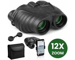 Jaxplore Compacte Verrekijker - 12x25 - Incl. 6 accessoires - BAK4 - Full Multi-Coated (FMC) - Geschikt met Bril - Volwassenen & Kinderen - Zwart