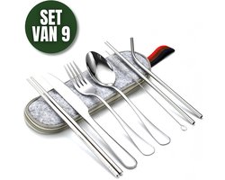 Jaxplore Reisbestek RVS 9-delig - Bestek to go - Meeneem Bestek met Opbergtas - Compact Camping Bestekset
