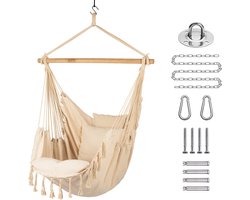 JAXY Hangstoel - Voor Binnen en Buiten - Inclusief Ophangsysteem - Hangnest - tot 150 kg - Incl. 2 Kussens en Boekenvak - Beige