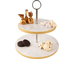 Jay Hill Etagere Marmer - 2-Laags - Taartplateau / Cake Stand - Marmer & RVS - Wit/Grijs & Goud - Antislipvoetjes Ø 20/25 cm