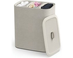 JCP® Wasmand - 90L - Wasmand 3 Vakken - Wasmand met Deksel - Beige - 40cm x 59cm x 71cm