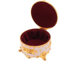 Jeffergarden Vintage Metalen Sieradendoos Zinklegering Ronde Ringhouder Handgesneden Goud Bloemmotief Fluweel Gevoerd 3,07 Inch Opbergdoos voor Oorbellen Kettingen op Dressoir voor Dames (WHITE)