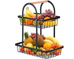 JeiibrZui 2 Stöckige Obst Etagere - Zwart Metaal Fruitmand Met Houten Handvat - 2-Laags Opbergrek Voor Keuken En Kantoor - Ruimtebesparend Design Voor Groente En Snacks