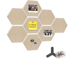 JeiibrZui 8 Stuks Zelfklevende Kurkbord Zeshoekig - 19x22cm - 12mm Dik Vilt Prikbord Met 80 Spelden - Beige Decoratief Memo Bord Voor Kantoor Kinderkamer Keuken