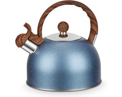 JeiibrZui Flötenkessel RVS Waterkoker - 2.5L - 1 Stuk - Natuursteen Look met Houten Handvat - Geschikt voor Inductie en Gas
