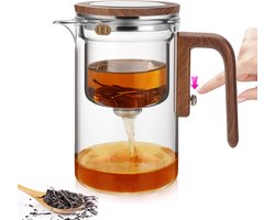 JeiibrZui Glazen theepot - Magnetische theepot - Transparante magische theepot met filter en houten handvat - 1 stuk - Geschikt voor losse thee en kruidenthee