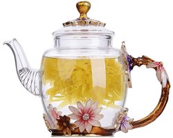 JeiibrZui Glazen Theepot Met Emaille Kunst - 300 Ml - 1 Stuks - Chrysant Gouden Handvat - Hittebestendig Kristalglas Voor Kung Fu Theeceremonie En Als Luxe Cadeau Voor Moeder