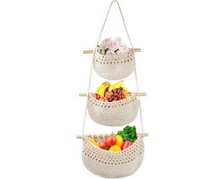 JeiibrZui Hangende Fruitmand 3 Laags - Handgeweven Katoen - Ruimtebesparende Muurorganizer voor Keuken - Creme - 1 Stuks