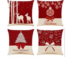 JeiibrZui Kerstkussenhoezen - Feestelijke Woondecoratie - 45X45 Cm 100% Katoenen Linnen - Set Van 4 - Rood