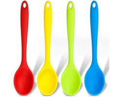 JeiibrZui Siliconen lepels - Siliconen kooklepels - Ideaal om te roeren, mengen en serveren - Set van 4 - Geschikt voor keuken en eetkamer (geel + rood + groen + blauw)