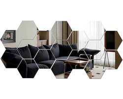 JeiibrZui Spiegel muurstickers - Zeshoekige spiegel - Lichtgewicht decoratief effect - 12 stickers - Geschikt voor wanddecoratie in de woonkamer (zilver)