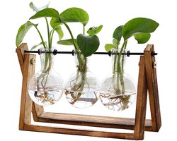 JeiibrZui Vintage glazen vaas in de vorm van een gloeilamp - plantenstandaard - natuurlijke houtnerf en marmertextuur, hoogwaardig borosilicaatglas - driedelige set - vintage bureaudecoratie