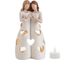 JeiibrZui Zussen Sculptuur - Uniek Cadeau Voor Zus En Vriendin - LED Hart Decoratie - Crème Met Goud - Verjaardag En Kerst Sfeerverlichting Voor Woonkamer
