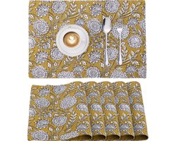 JEMIDI placemat set van 6 - Wasbare placemats - 100% Oeko-Tex gekeurd katoen - Grote onderzetters 33 x 48 cm - Onderlegger met bloemenprint - Geel
