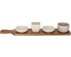 JENS Living Bits & Bites Serveerset Faas Wit – Acaciahouten Serveerplank met 4 Vaatwasserbestendige Keramieken Schaaltjes voor Snacks, Dips en Tapas