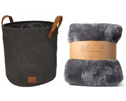 Jens Living Bouclé - Opbergmand & Woondeken Set - Antraciet Mand met Grijze RPET Fishbone Plaid - Stijlvolle Woonaccessoires - Duurzaam & Zacht