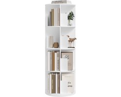 Jensaro Ronde Draaibare Boekenkast - 360° Boekenrek - Hoekkast Met 4 Niveaus - Witte Opbergkast Met 16 Opbergvakken - 44x126 CM