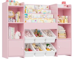 Jently opbergkast - speelgoedkast - 6 uitneembare dozen - 4 laags boekenplank - 119x29,5x94 cm - roze