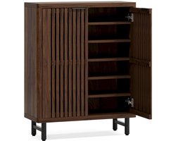 JerMore® - schoenenkast hout - 6-laags opbergkast - verstelbare planken - lamellendeuren - donker walnoot - 85×35×110 cm – 28 kg