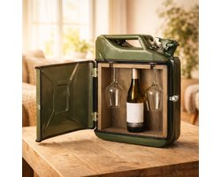 Jerrycan Wijnbar Groen - Minibar met 2 Wijnglazen - Handgemaakt Cadeau voor Man of Vrouw