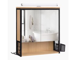 Jessi Store - Badkamerkast - Badkamermeubel - Badkamerkastje - Met spiegel - LED-licht - Verstelbare plank - 56x60x14,5cm - Lichtbruin