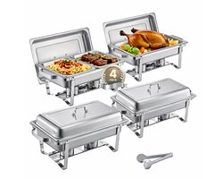 Jessi Store - Buffetwarmer - Set van 4 - Chafing dish - Warmhoudbakken - Warmhouders - 7,5L per schaal - Zilver - 59x36x28cm