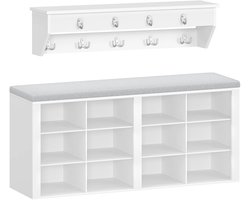 Jessi Store - Schoenenkast - Wandkapstok - Schoenenbank - Met zitkussen - Halmeubel - 12 vakken - 9 haken - 30 x 104 x 49 cm