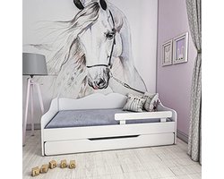 Jeugdbed 180x80cm - Tweepersoonsbed met Lattenbodem, Matrassen, Lade en Valbeveiliging - Uittrekbaar Slaapbank en Logeerbed - Witte Kinderkamer Meubel