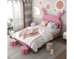 jeugdbed, Gestoffeerd bed 140x200, met twee opbergkrukken, LED nachtverlichting, opklapbare konijnenoren, zonder matras, lattenbod, in hoogte verstelbaar hoofdeinde, Frans fluweel, Roze