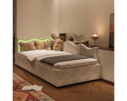 Jeugdbed met opbergruimte - Bankbed - Ontspannen slapen - Geïntegreerde LED verlichting - 90 x 200 cm - Beige fluweel