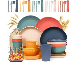 JGS ® 58 stuks campingservies, 5 personen, picknick eetservies, plastic servies, kindertafelservies, kom, borden, eetlepel, eetvork, eetlepel, eetvork, eetmes, fruitvork, snackkom, beker