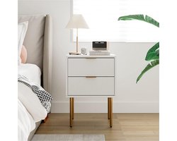 JGS® - Moderne Nachtkastje met 2 Laden, Boheemse Nachtkommode in Wit en Goud voor Slaapkamer en Woonkamer-