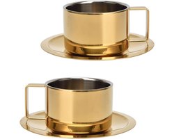 JGS Premium - 2-delige Espresso Kopjes en Schotels Set - Luxe Gouden RVS - Geschikt voor Latte, Cappuccino, Thee - 200ml
