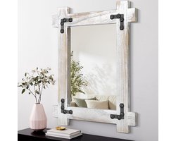 JGS Premium - Boerderij Spiegel met Rustiek Frame voor Badkamer en Woonkamer - Vintage Decoratie - Wit - Verticaal of Horizontaal - Landelijke Stijl opknoping Muurspiegel met Frame - Decoratief voor Slaapkamer - Kleine afmetingen.