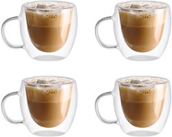 JGS Premium - Dubbelwandige Glazen Koffiekopjes Set - 150 ml - Geïsoleerd - Handvat - Transparant - Amerikaanse Latte, Cappuccino, Espresso.