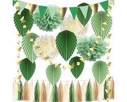 JGS Premium - Feestdecoraties voor Babyshower, Verjaardag en Bruiloft - Tissue Pom Poms, Triangle Banner, Vlinderkrans - Bosfeest Thema Decoratie