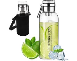 JGS Premium - Glasfles 1 liter met beschermhoes - Glas drinkfles met theezeef - Herbruikbare glazen fles met deksel - Ideaal voor water - Thee onderweg - Duurzaam en stijlvol - Milieuvriendelijk.