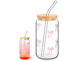 JGS Premium - Glazen beker met deksel en rietje - Roze strikdesign - Herbruikbaar - 500 ml - Bubble Tea-glas - Modieus en elegant - Ideaal voor ijskoffie, cocktail & frisdrank