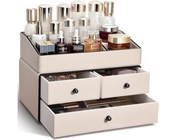 JGS Premium - Make-up organizer met 2 niveaus en laden van PU-leer voor commode badkamer slaapkamer in beige
