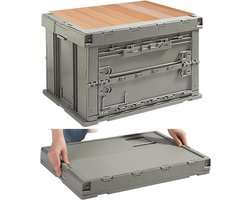 JGS Premium - Opvouwbare campingbox 75 liter met houten ei rol-tafel en deksel - picknick organisator voor buitenactiviteiten - Celadon groen