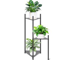JGS Premium - Plantenstandaard voor binnen - Zwart metalen hoek plantenpot standaard voor meerdere planten - Bloempot standaard voor buiten - Plantenrek voor tuin, balkon en terras (3 lagen driehoek)