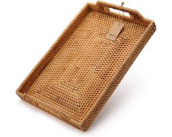 JGS Premium - Rotan Dienblad Theebakken Rechthoek Handgrepen Salontafel Woondecoratie - Natuurlijk - Dienblad voor Eten en Drinken - 43x29x4.5cm
