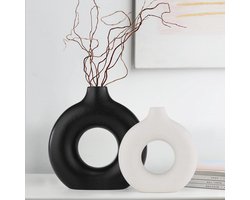 JGS Premium - Set van 2 keramische donut-vazen voor moderne woondecoratie in wit en zwart - Scandinavisch minimalisme - Bloemenvazen - Pampagras - Neutraal design - Boho stijl.
