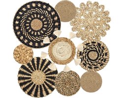 JGS Premium - Set van 9 wandmanden decoratief rotan wandbehang met kwastjes - Boho rustieke muurdecoratie voor woonkamer en slaapkamer met macramé handgeweven manden