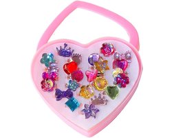 JGS Premium - Verstelbare ringen set voor meisjes in hartvormige doos - Pretend Play - Dress up - Kindersieraden - 24 stuks - Meisjespret (willekeurige stijlen)