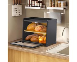 JGS Premium - Zwarte dubbellaagse broodtrommel voor aanrecht hoekkast en eetkamerkast - Grote broodopbergbox (40 x 25 x 33 cm) met zelfmontage.