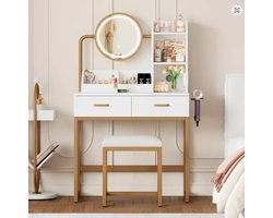 JHA Kaptafel met Ronde Spiegel en LED Verlichting – Luxe Make-up Tafel met 2 Lades, Open Vakken, Stopcontact & Kruk – Moderne Schminktisch Wit/Goud