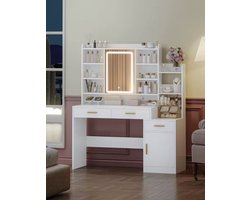 JHA Kaptafel met Spiegel en LED Verlichting – Luxe Make-up Tafel 100 cm met Lades, Kastje & Opbergruimte – Moderne Schminktisch Wit