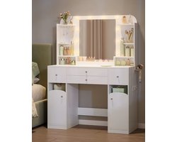 JHA Kaptafel met Spiegel en LED Verlichting – Moderne Make-up Tafel met Laden, Opbergruimte & Stopcontact – Witte Schminktisch 108 cm